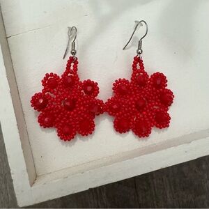 Hand Beaded Red Flower Earrings Colorful Maximalism
